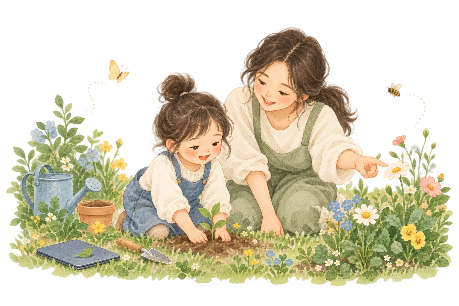 부모와 아이가 함께 꽃을 심는 수채화 그림